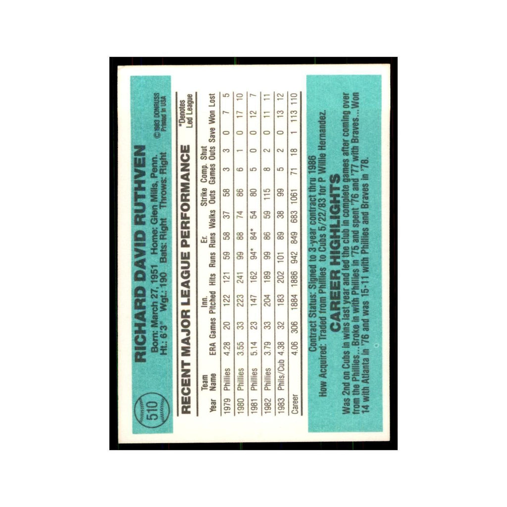 Dick Ruthven 1984 Donruss #510 Chicago Cubs Baseball Card NM