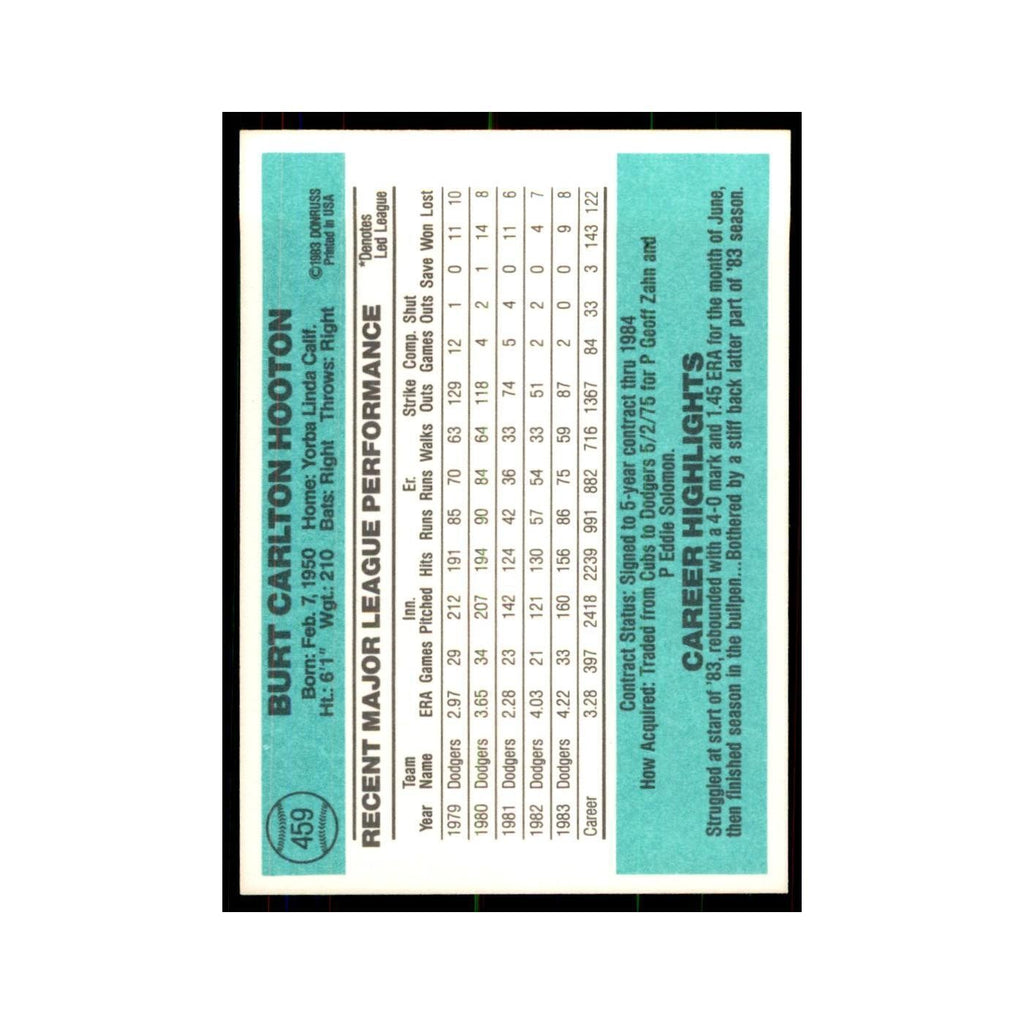 Burt Hooton 1984 Donruss #459 Los Angeles Dodgers Baseball Card NM