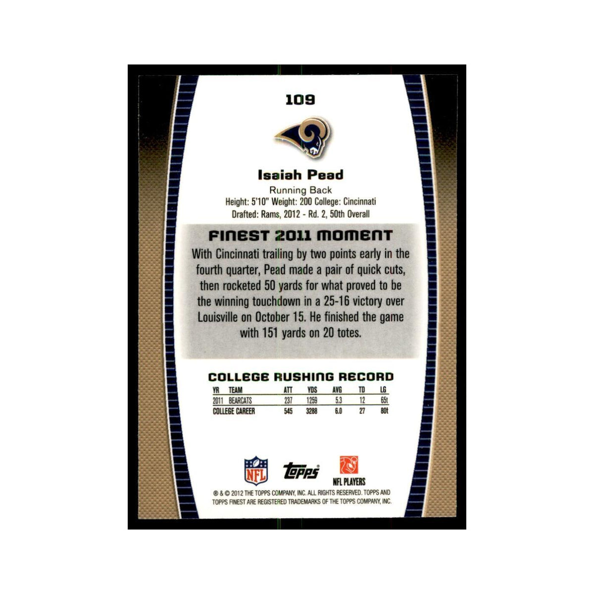 Isaiah Pead Rookie 2012 Topps Finest #109 St. Louis Rams Football Card NM