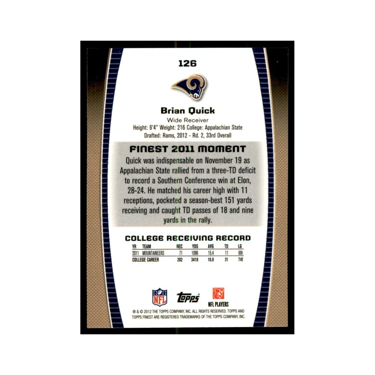 Brian Quick Rookie 2012 Topps Finest #126 St. Louis Rams Football Card NM