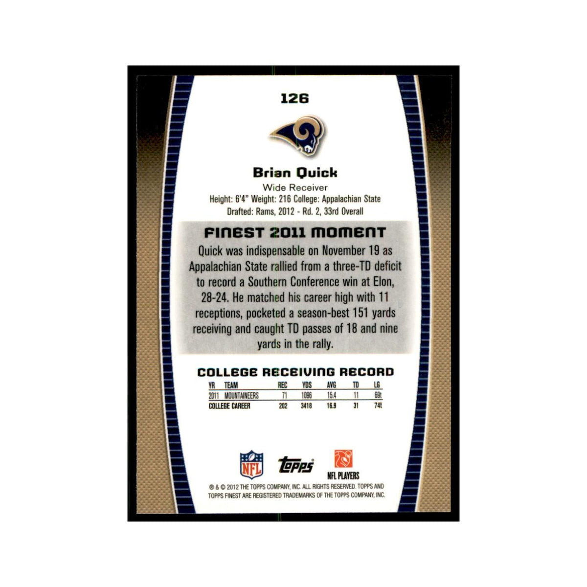 Brian Quick Rookie 2012 Topps Finest #126 St. Louis Rams Football Card NM