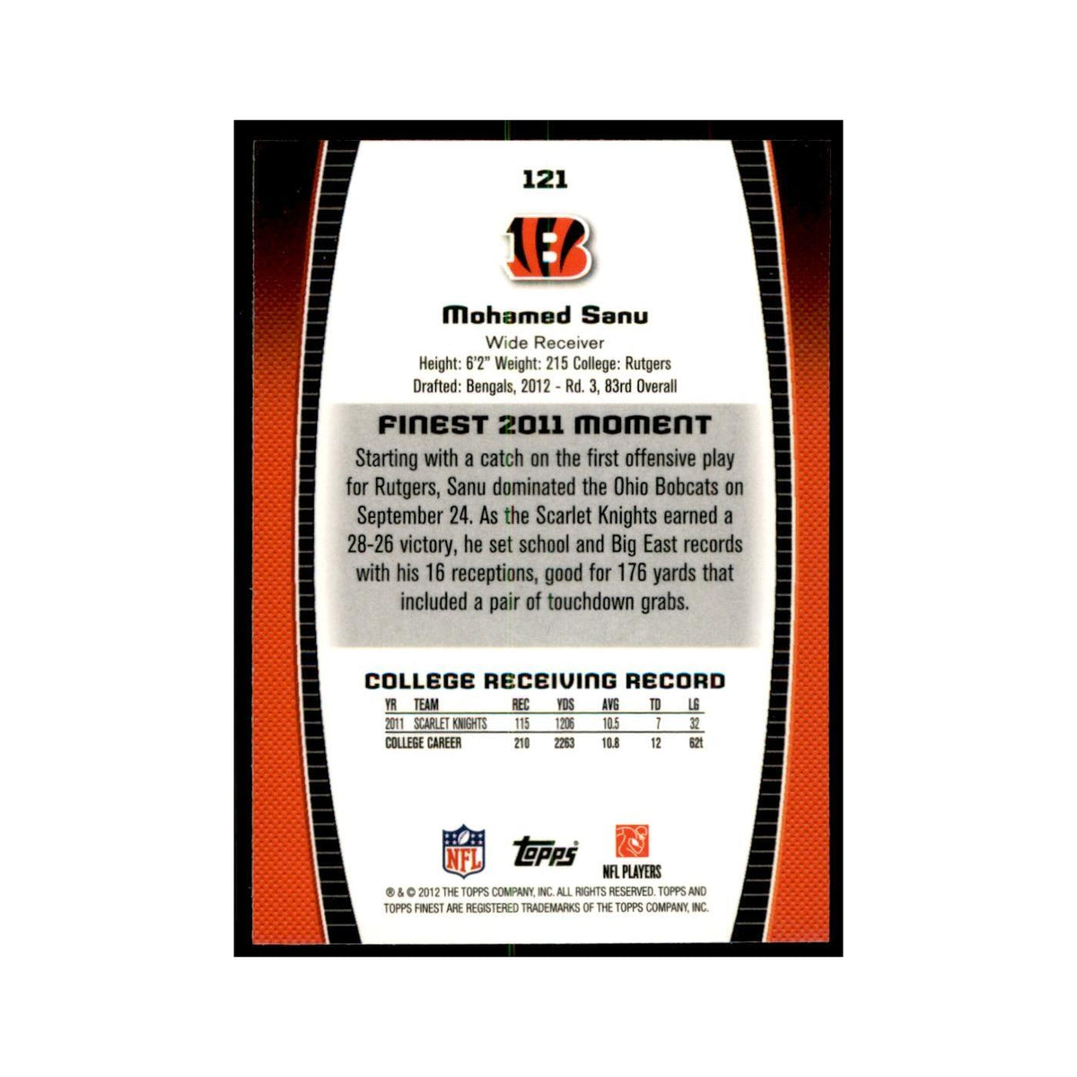 Mohamed Sanu Rookie 2012 Topps Finest #121 Cincinnati Bengals Football Card NM
