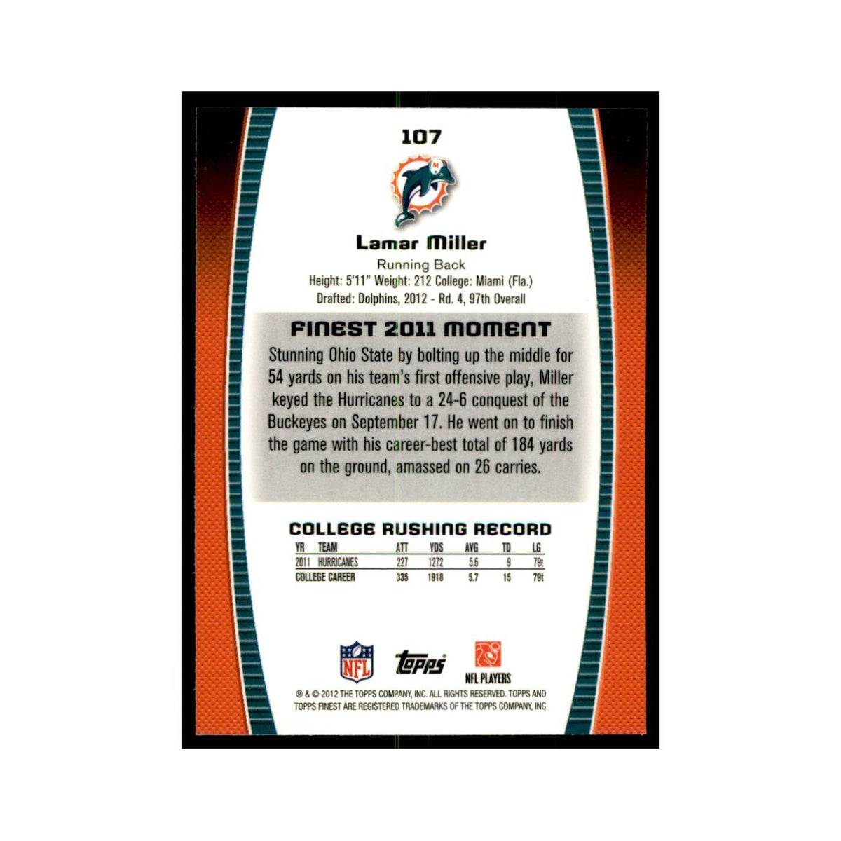 Lamar Miller Rookie 2012 Topps Finest #107 Miami Dolphins Football Card NM