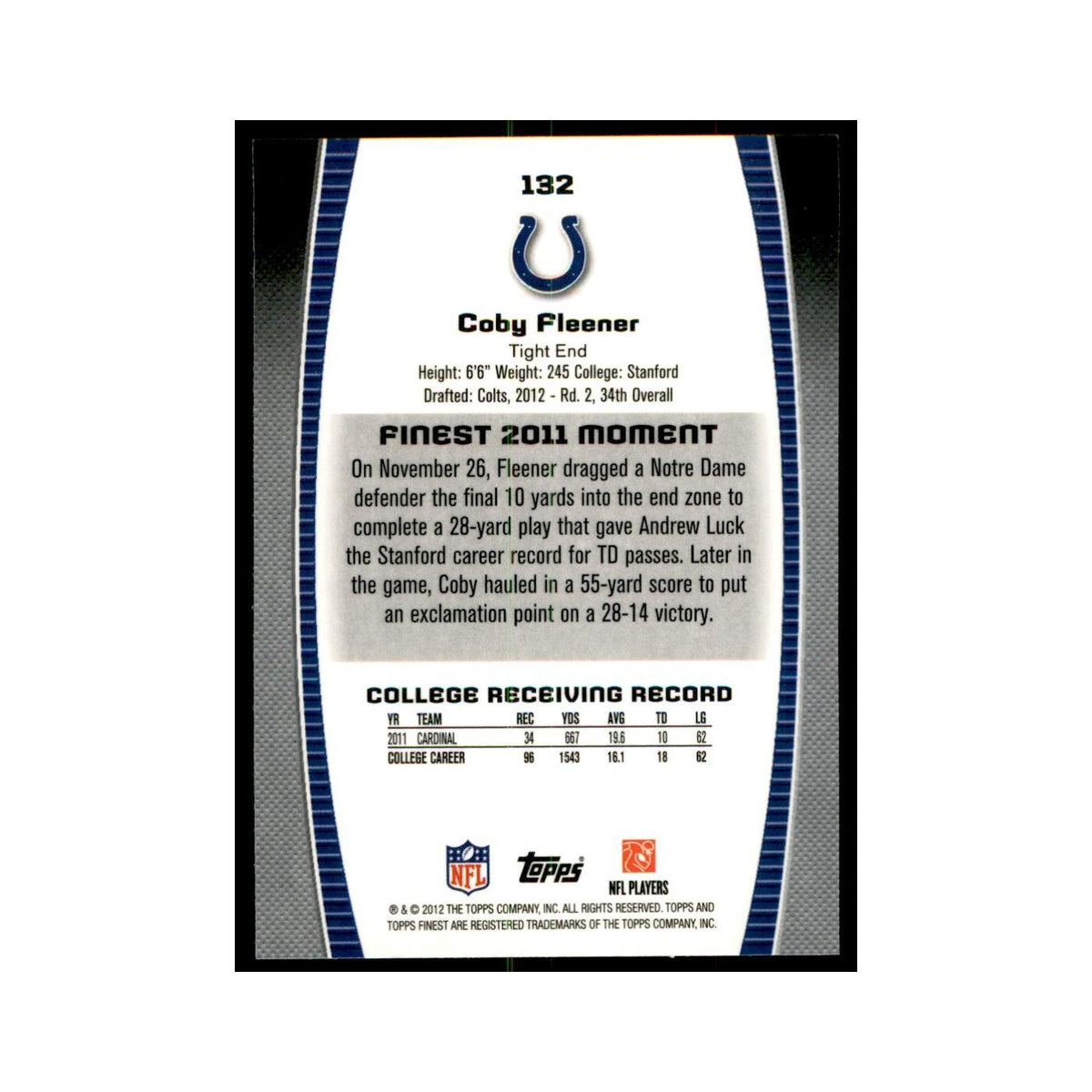Coby Fleener Rookie 2012 Topps Finest #132 Indianapolis Colts Football Card NM