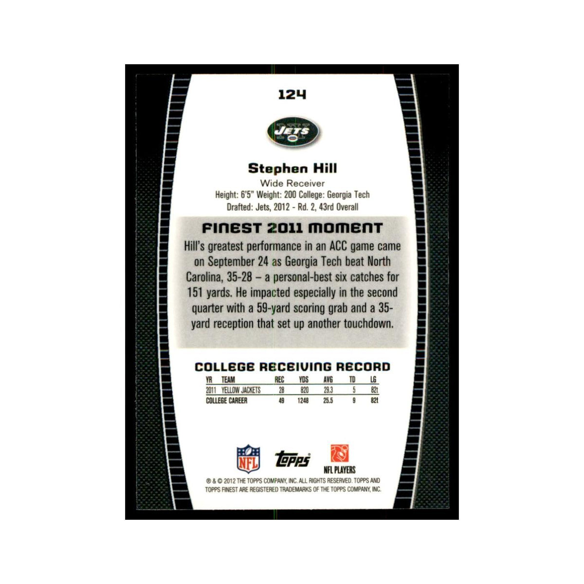 Stephen Hill Rookie 2012 Topps Finest #124 New York Jets Football Card NM