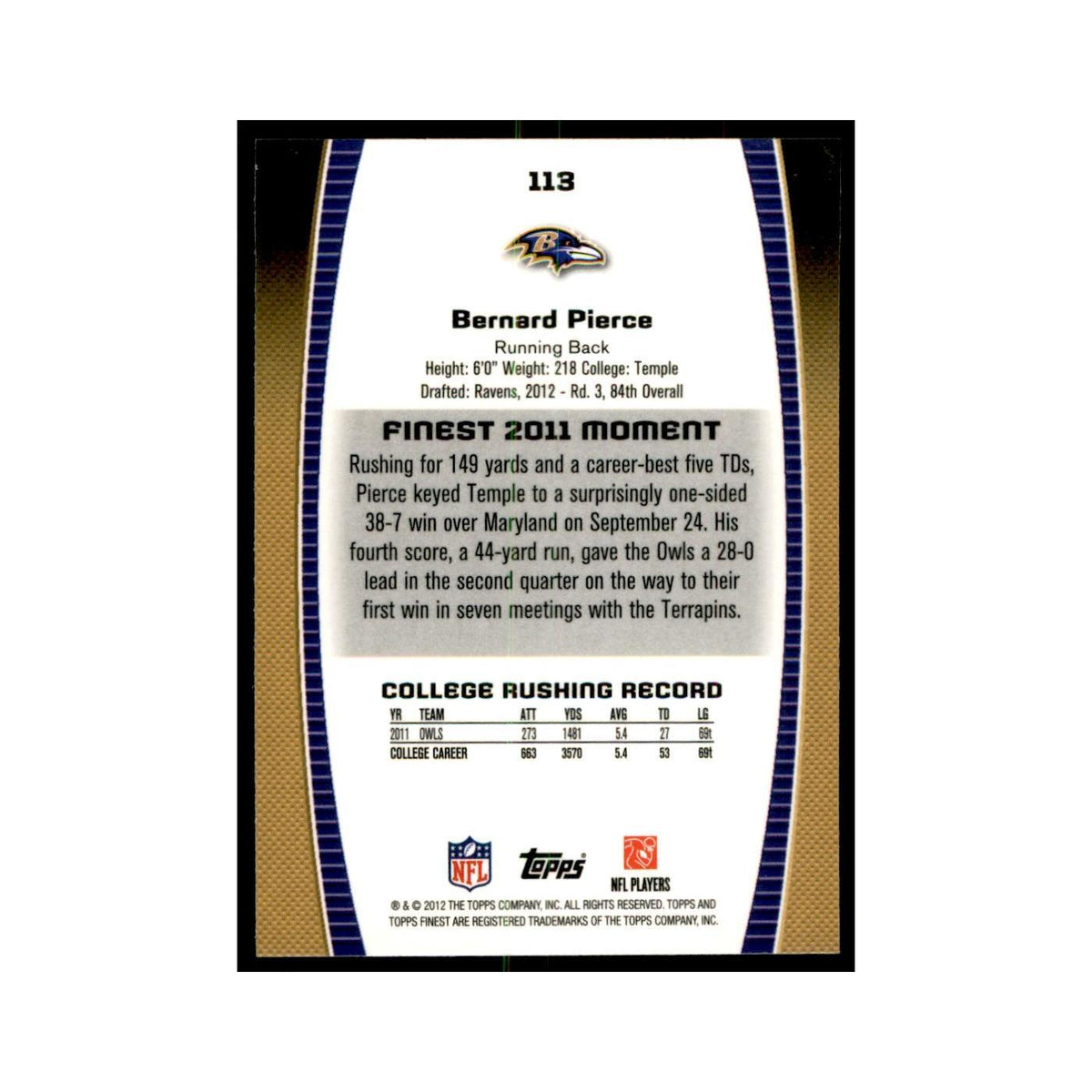 Bernard Pierce Rookie 2012 Topps Finest #113 Baltimore Ravens Football Card NM