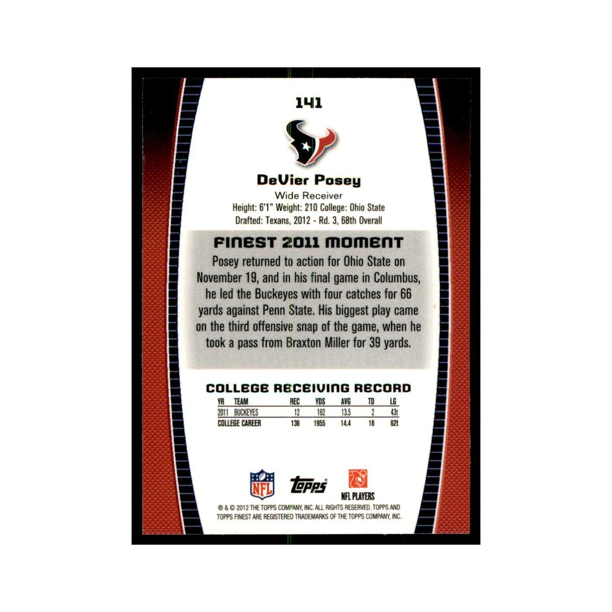 DeVier Posey Rookie 2012 Topps Finest #141 Houston Texans Football Card NM