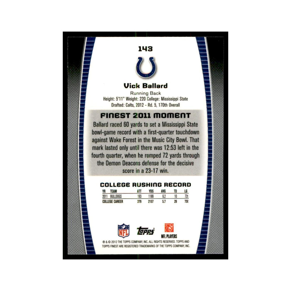 Vick Ballard Rookie 2012 Topps Finest #143 Indianapolis Colts Football Card NM