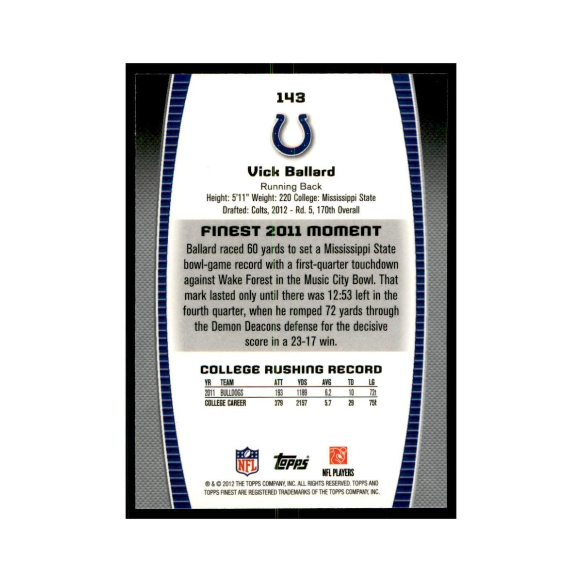 Vick Ballard Rookie 2012 Topps Finest #143 Indianapolis Colts Football Card NM