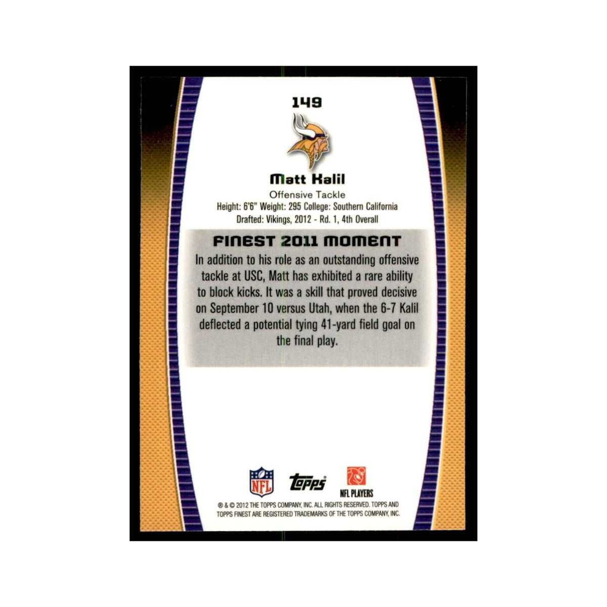 Matt Kalil Rookie 2012 Topps Finest #149 Minnesota Vikings Football Card NM
