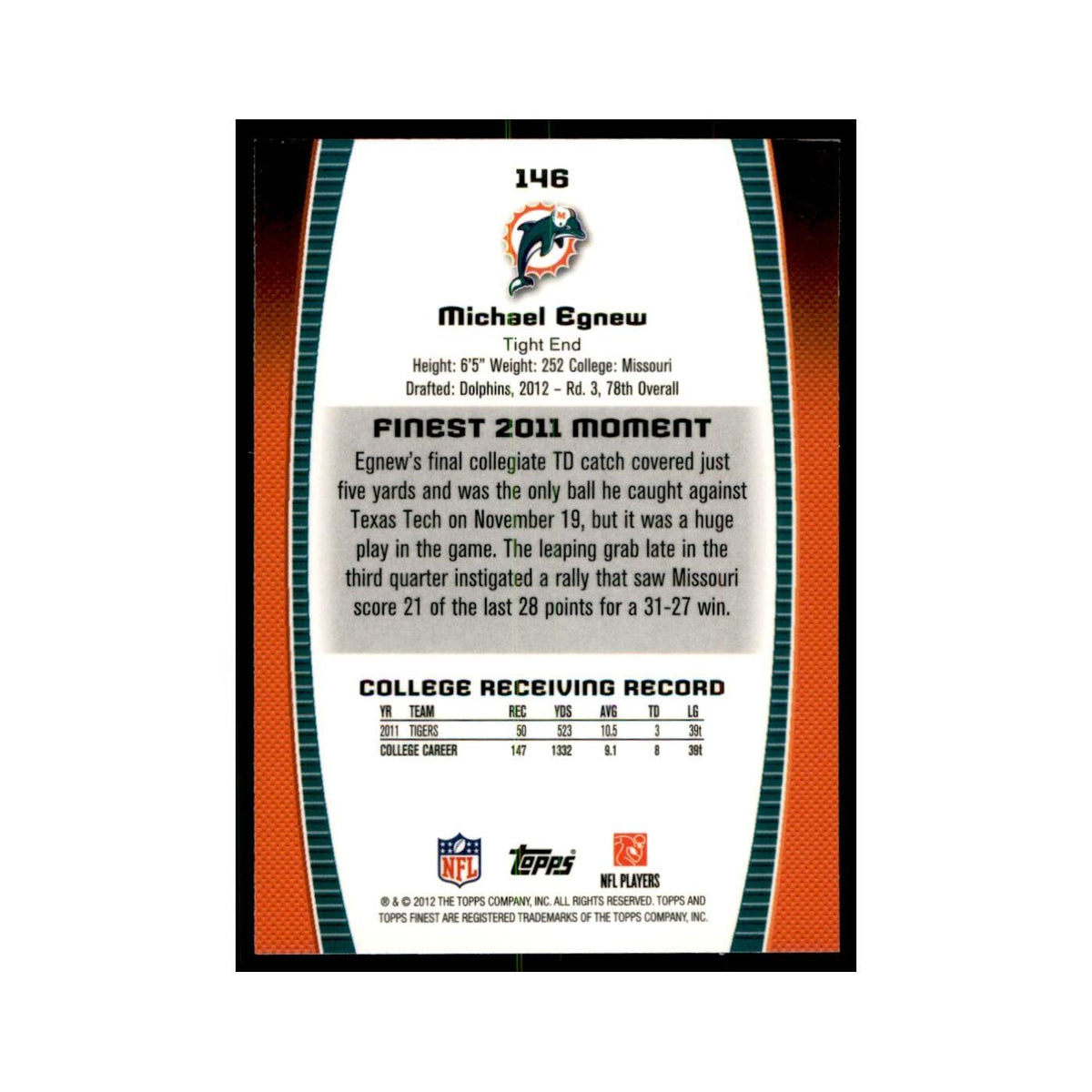 Michael Egnew Rookie 2012 Topps Finest #146 Miami Dolphins Football Card NM