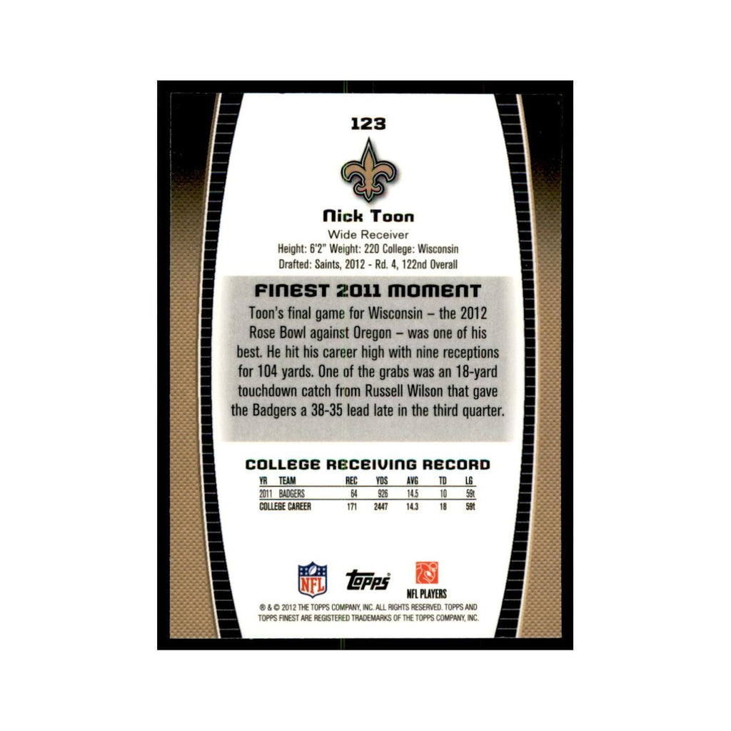 Nick Toon Rookie 2012 Topps Finest #123 New Orleans Saints Football Card NM