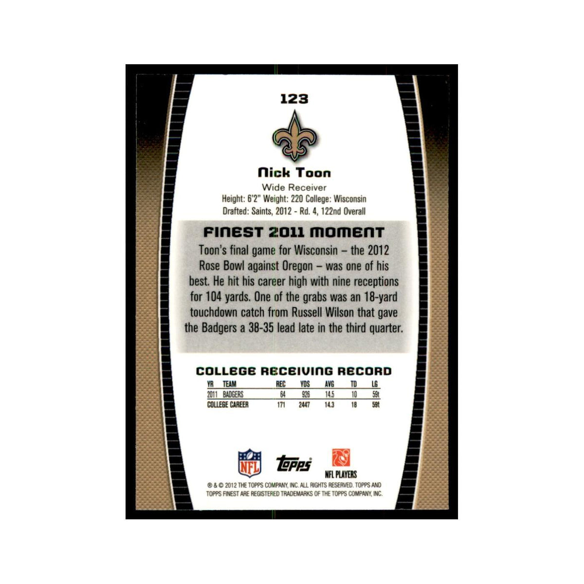 Nick Toon Rookie 2012 Topps Finest #123 New Orleans Saints Football Card NM