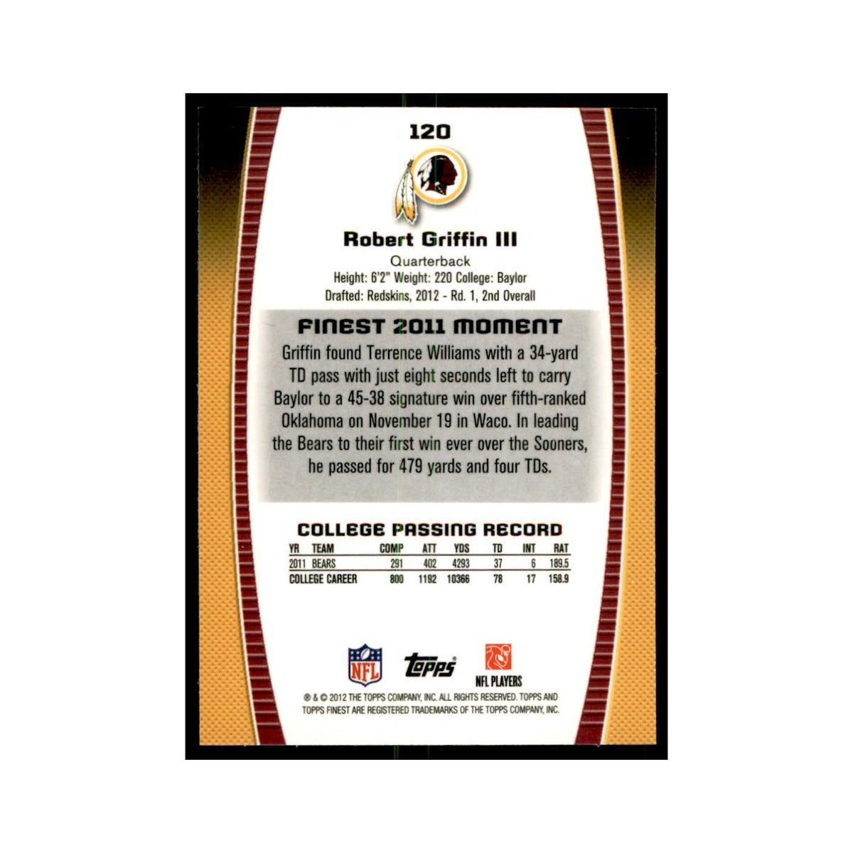 Robert Griffin III Rookie 2012 Topps Finest #120 Washington Redskins NM