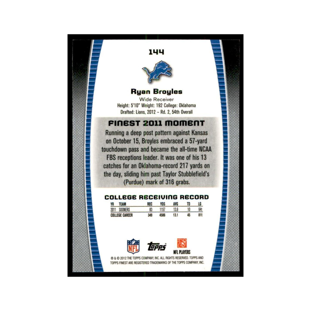 Ryan Broyles Rookie 2012 Topps Finest #144 Detroit Lions Football Card NM