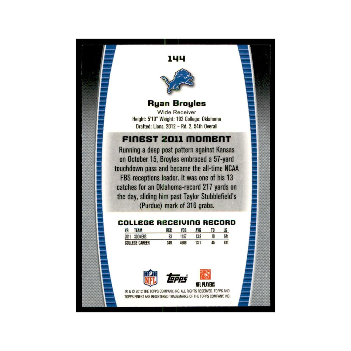 Ryan Broyles Rookie 2012 Topps Finest #144 Detroit Lions Football Card NM
