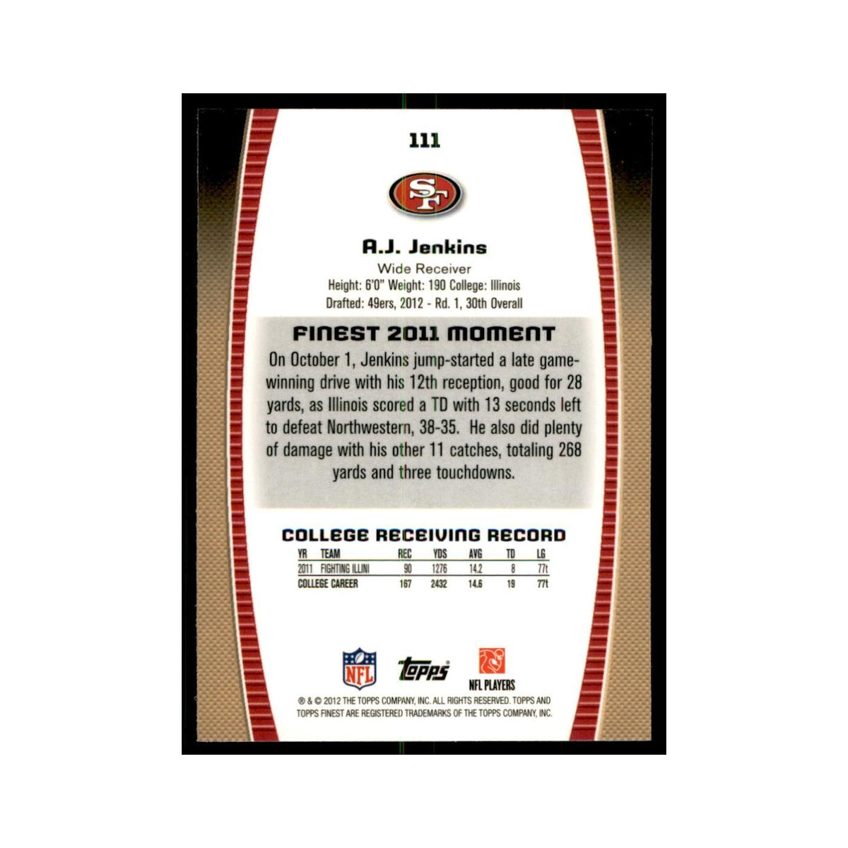 A.J. Jenkins Rookie 2012 Topps Finest #111 San Francisco 49ers Football Card NM