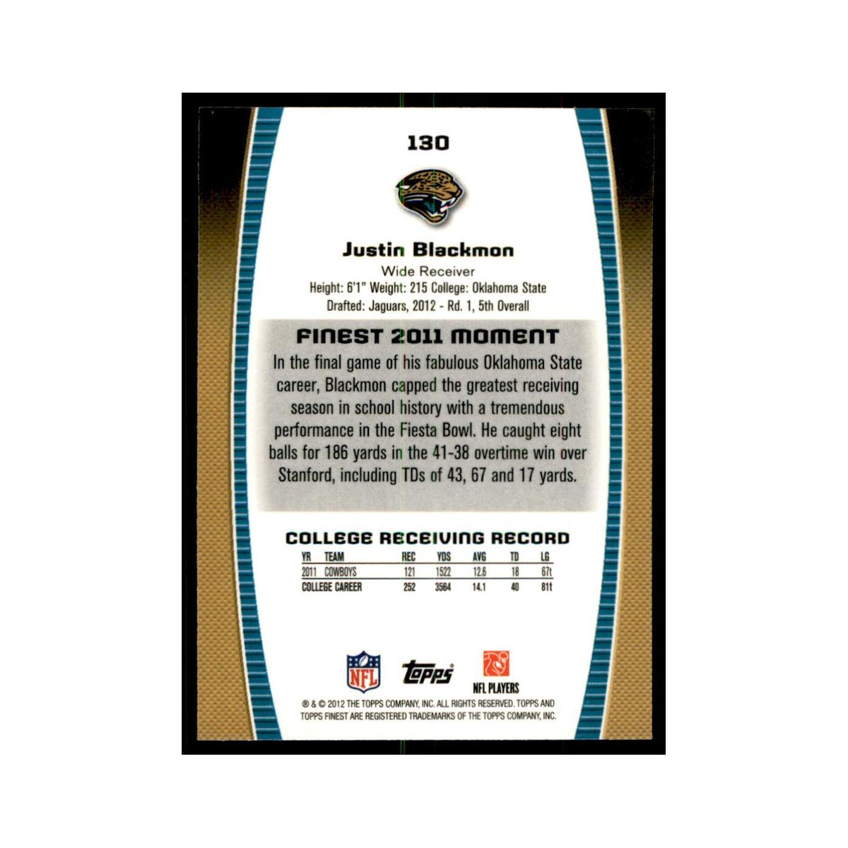 Justin Blackmon Rookie 2012 Topps Finest #130 Jacksonville Jaguars NM