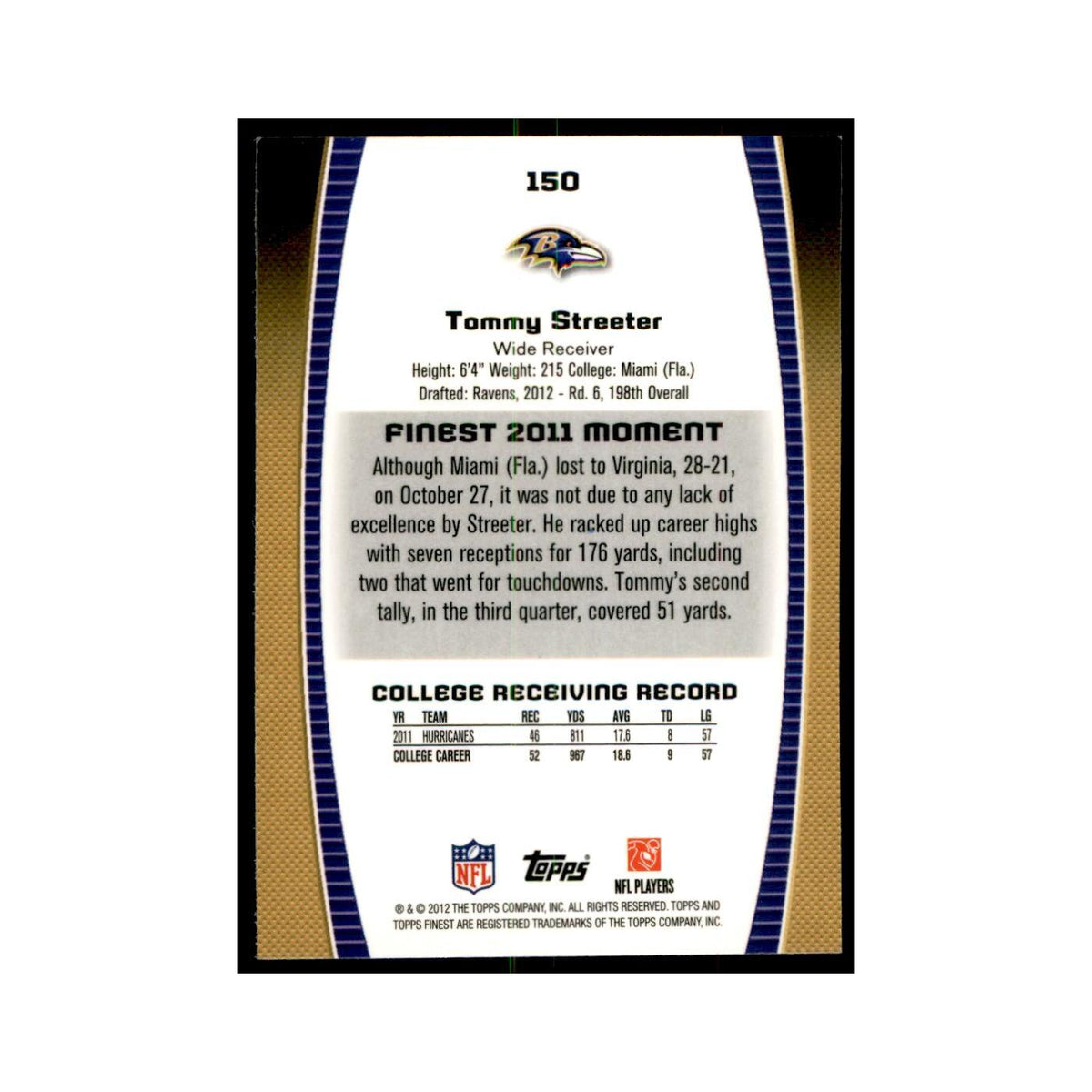 Tommy Streeter Rookie 2012 Topps Finest #150 Baltimore Ravens Football Card NM
