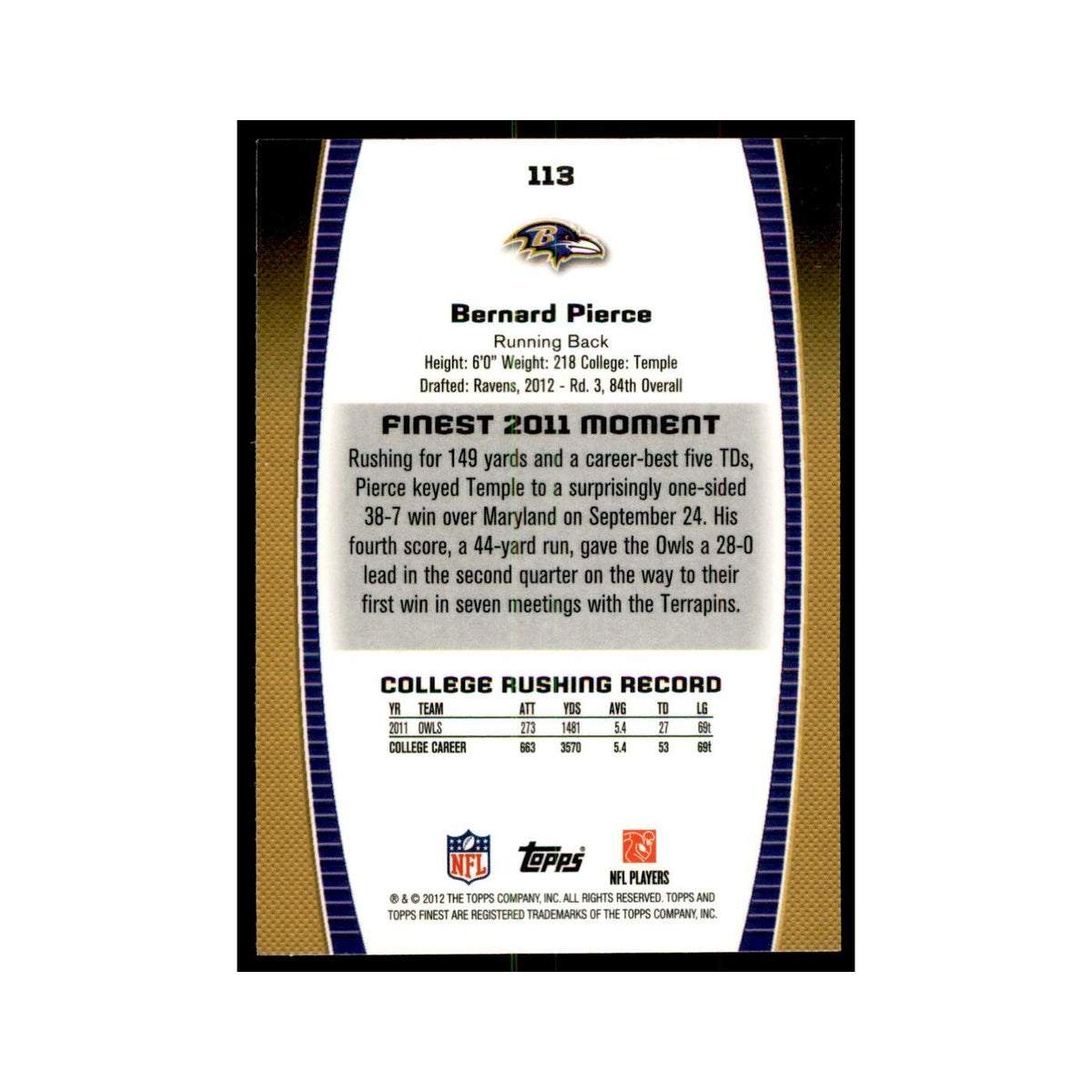 Bernard Pierce Rookie 2012 Topps Finest #113 Baltimore Ravens Football Card NM