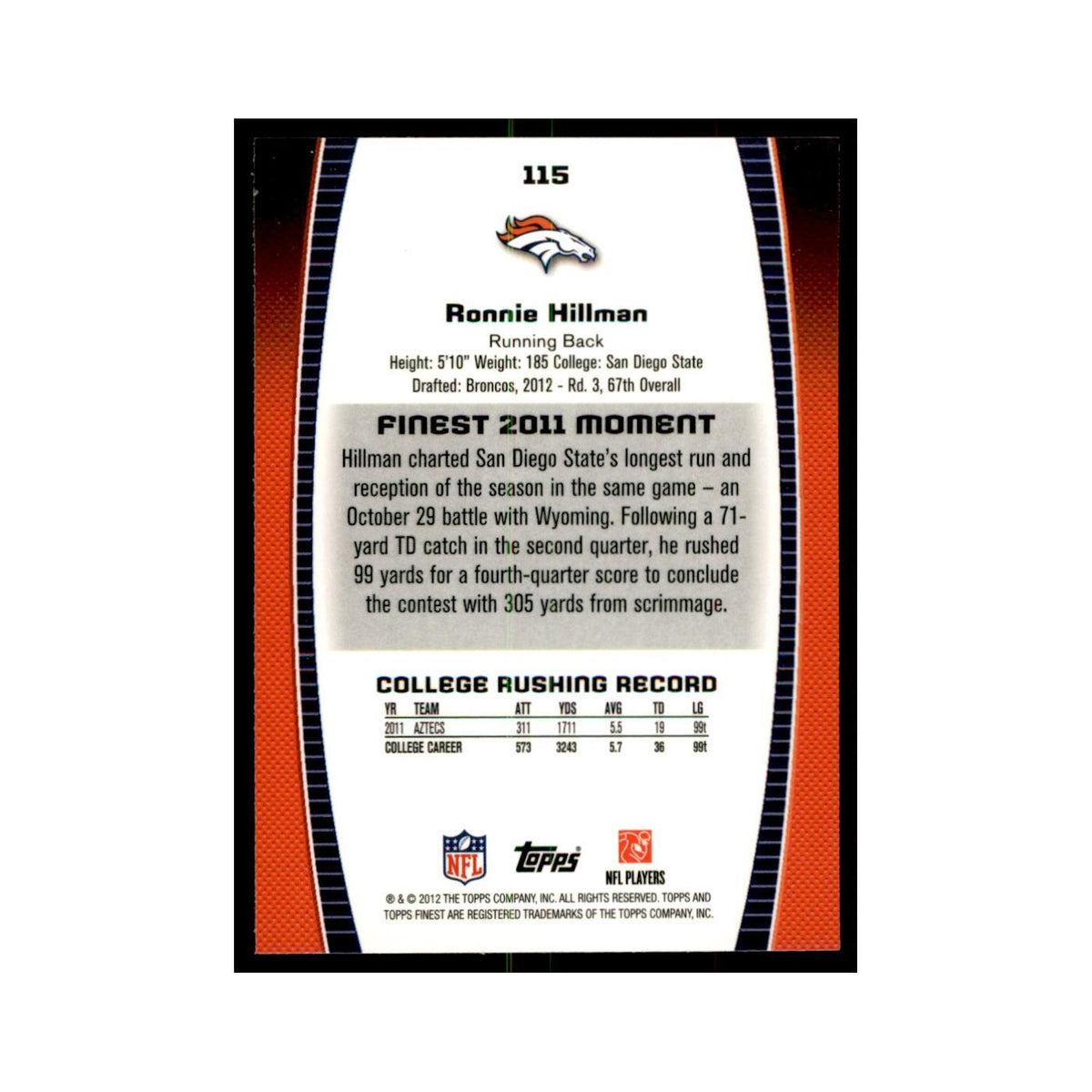 Ronnie Hillman Rookie 2012 Topps Finest #115 Denver Broncos Football Card NM
