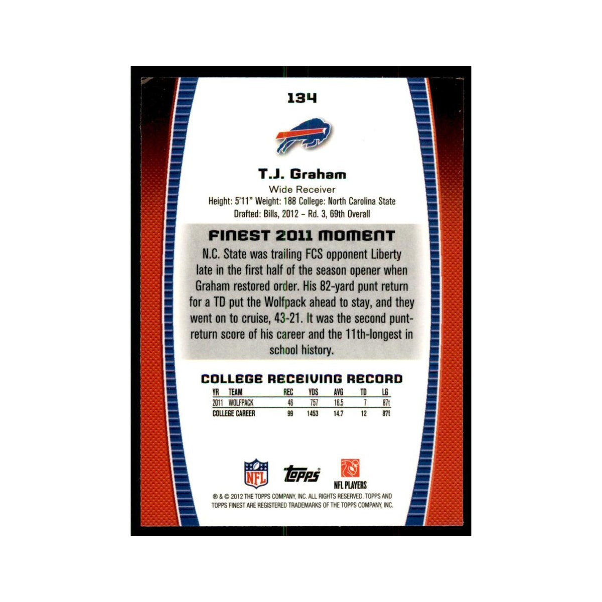 T.J. Graham Rookie 2012 Topps Finest #134 Buffalo Bills Football Card NM