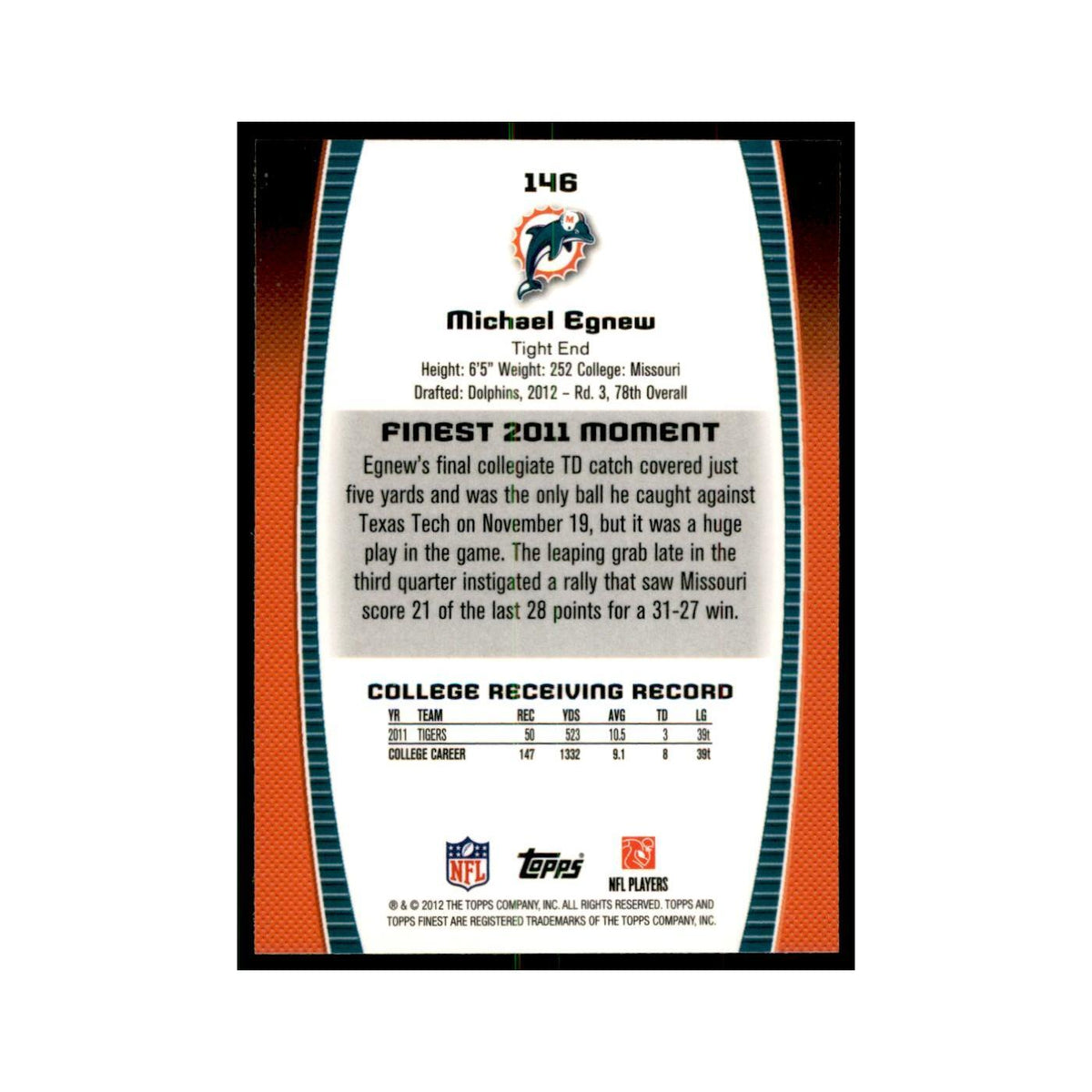 Michael Egnew Rookie 2012 Topps Finest #146 Miami Dolphins Football Card NM