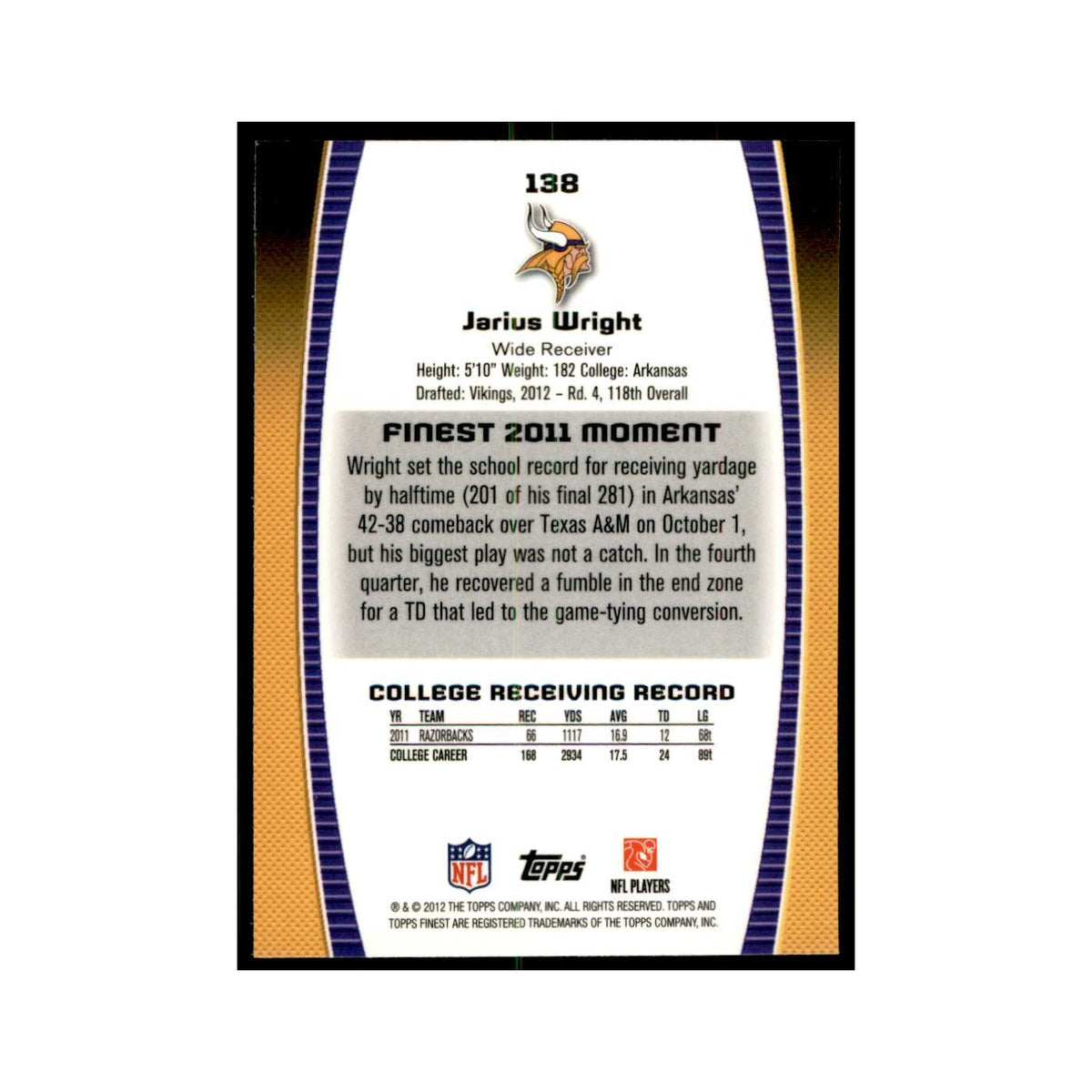 Jarius Wright Rookie 2012 Topps Finest #138 Minnesota Vikings Football Card NM