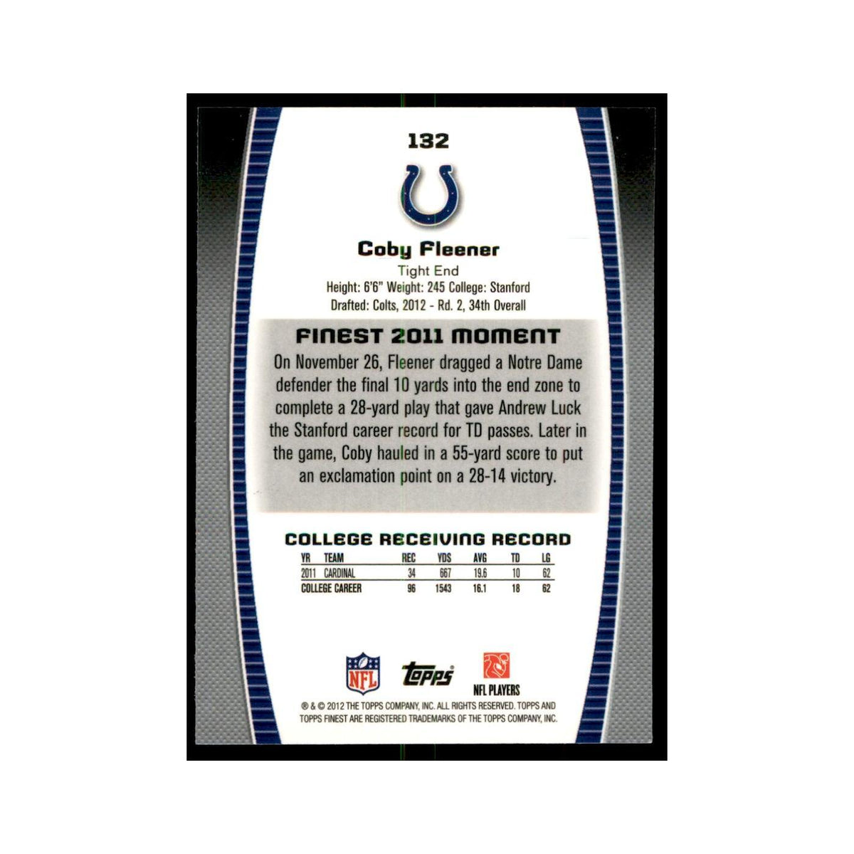 Coby Fleener Rookie 2012 Topps Finest #132 Indianapolis Colts Football Card NM