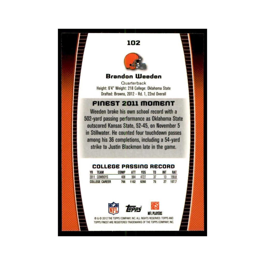 Brandon Weeden Rookie 2012 Topps Finest #102 Cleveland Browns Football Card NM