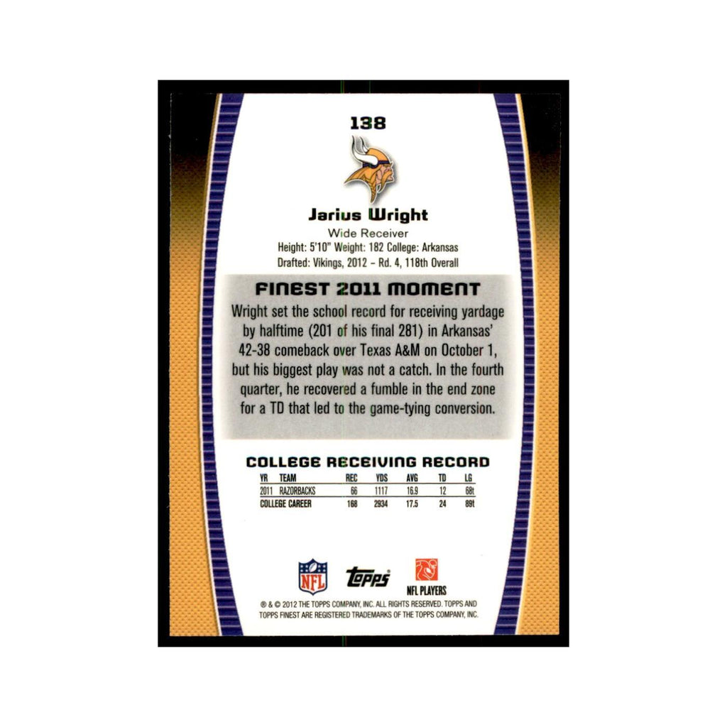 Jarius Wright Rookie 2012 Topps Finest #138 Minnesota Vikings Football Card NM