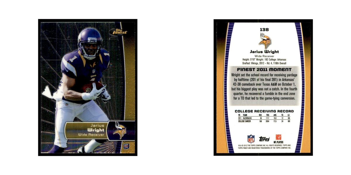 Jarius Wright Rookie 2012 Topps Finest #138 Minnesota Vikings Football Card NM