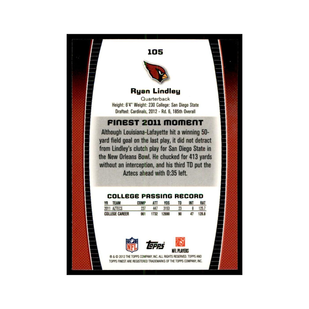 Ryan Lindley Rookie 2012 Topps Finest #105 Arizona Cardinals Football Card NM
