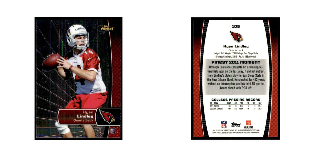 Ryan Lindley Rookie 2012 Topps Finest #105 Arizona Cardinals Football Card NM