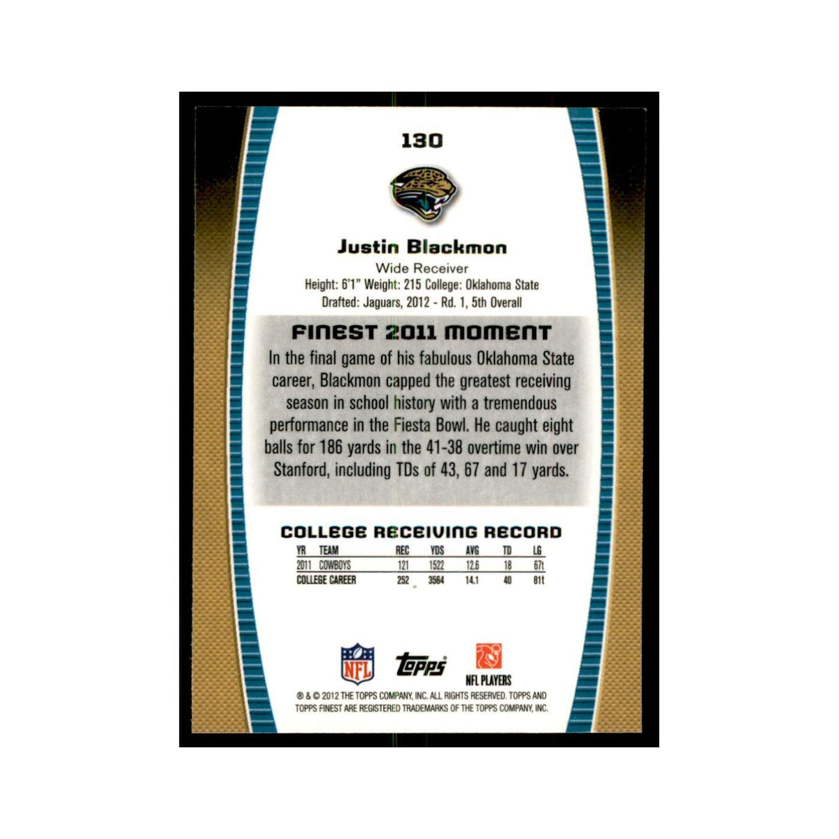 Justin Blackmon Rookie 2012 Topps Finest #130 Jacksonville Jaguars NM