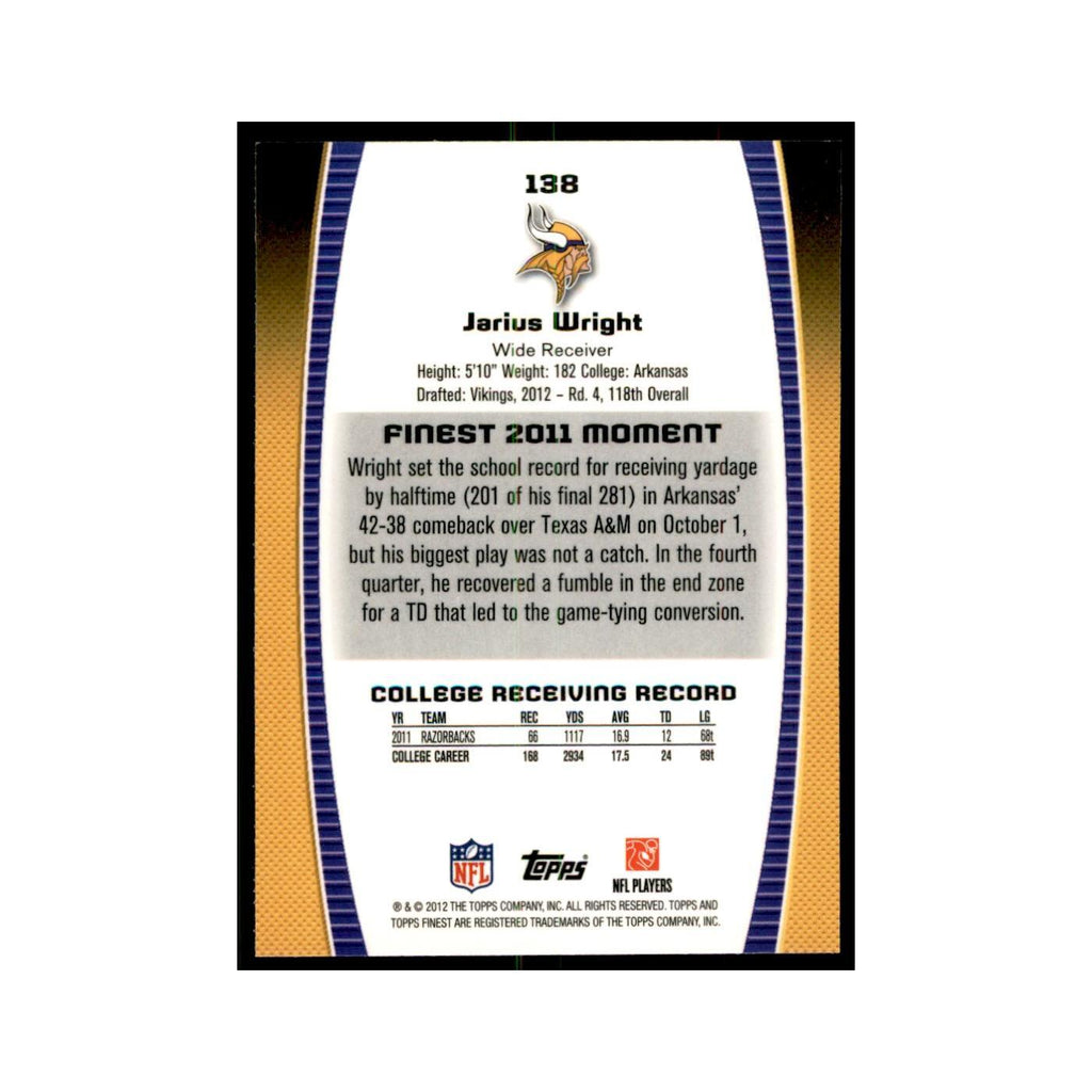 Jarius Wright Rookie 2012 Topps Finest #138 Minnesota Vikings Football Card NM