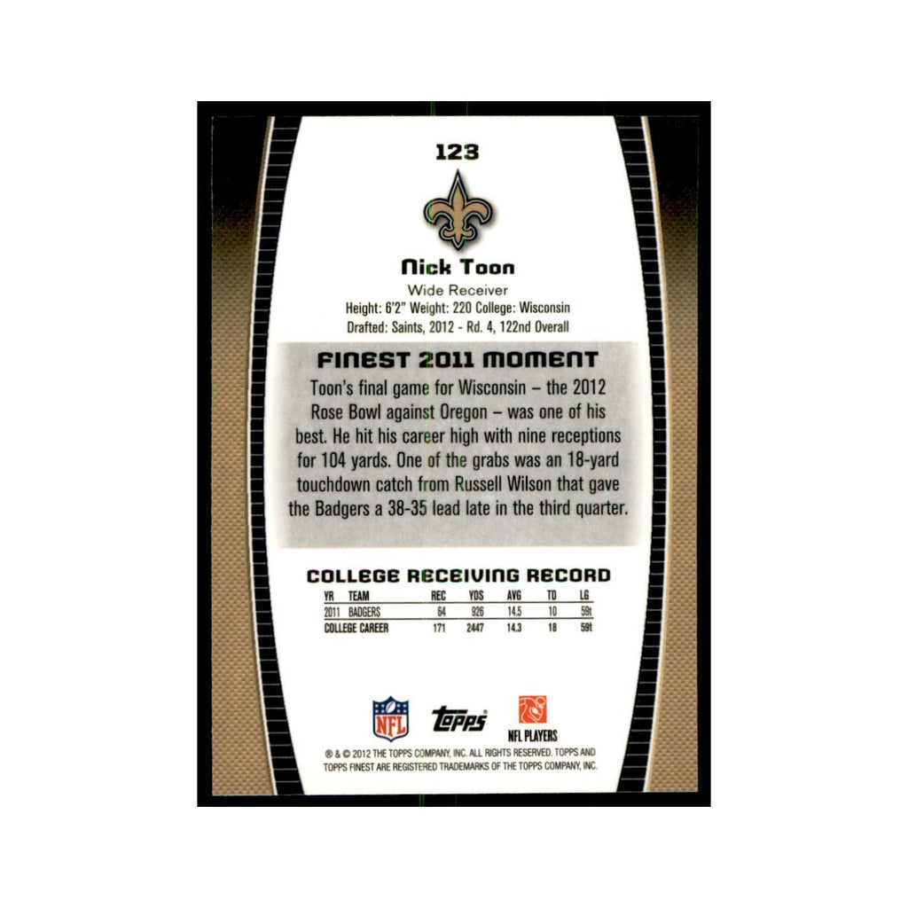 Nick Toon Rookie 2012 Topps Finest #123 New Orleans Saints Football Card NM