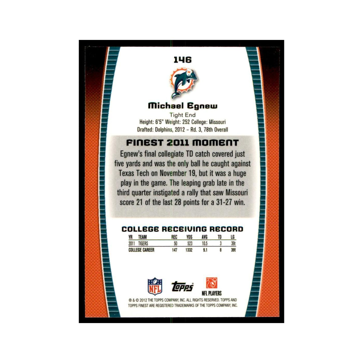 Michael Egnew Rookie 2012 Topps Finest #146 Miami Dolphins Football Card NM
