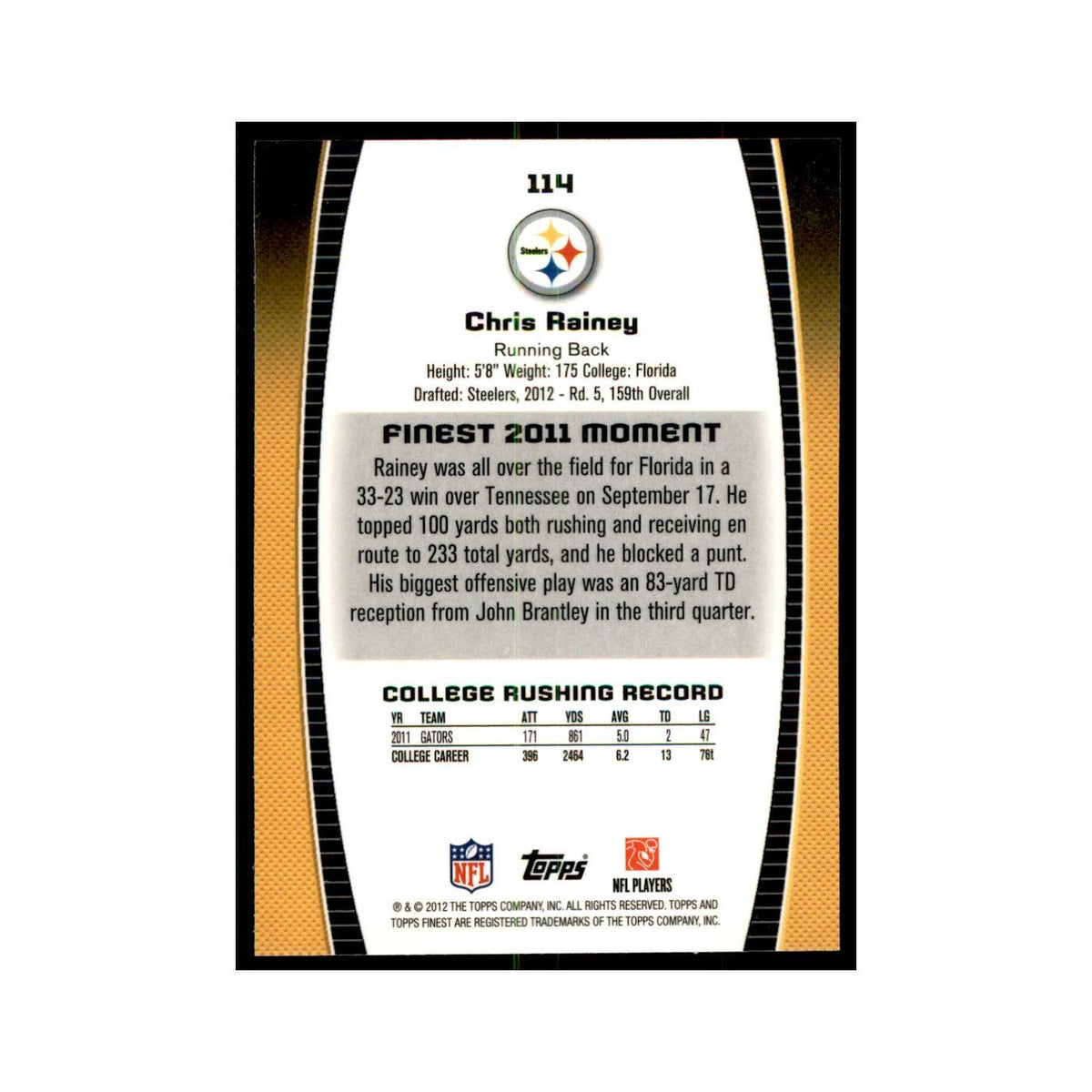 Chris Rainey Rookie 2012 Topps Finest #114 Pittsburgh Steelers Football Card NM