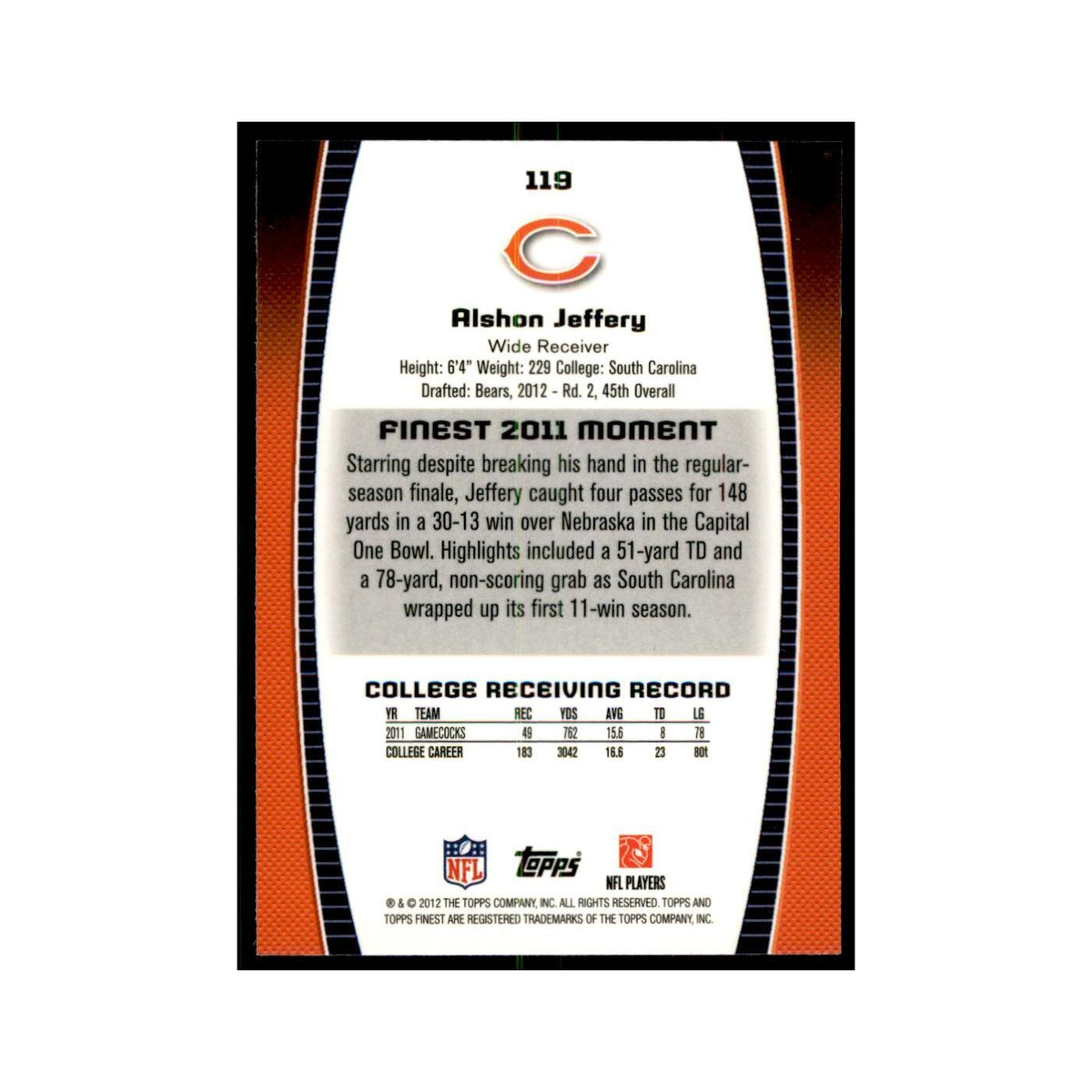 Alshon Jeffery Rookie 2012 Topps Finest #119 Chicago Bears Football Card NM