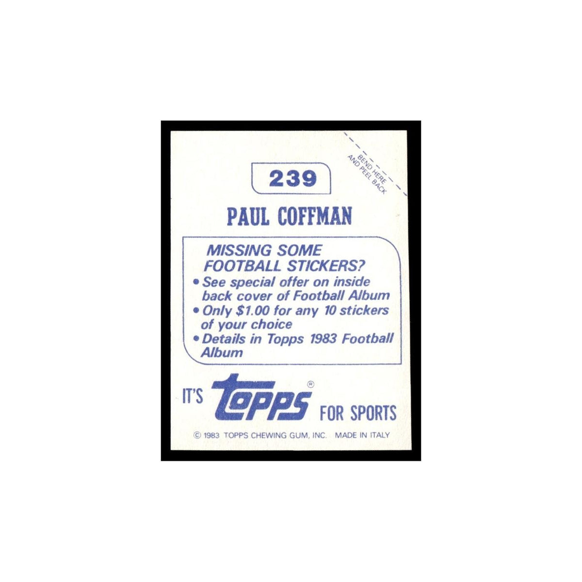 Paul Coffman 1983 Topps Stickers #239 Green Bay Packers Football Card EX