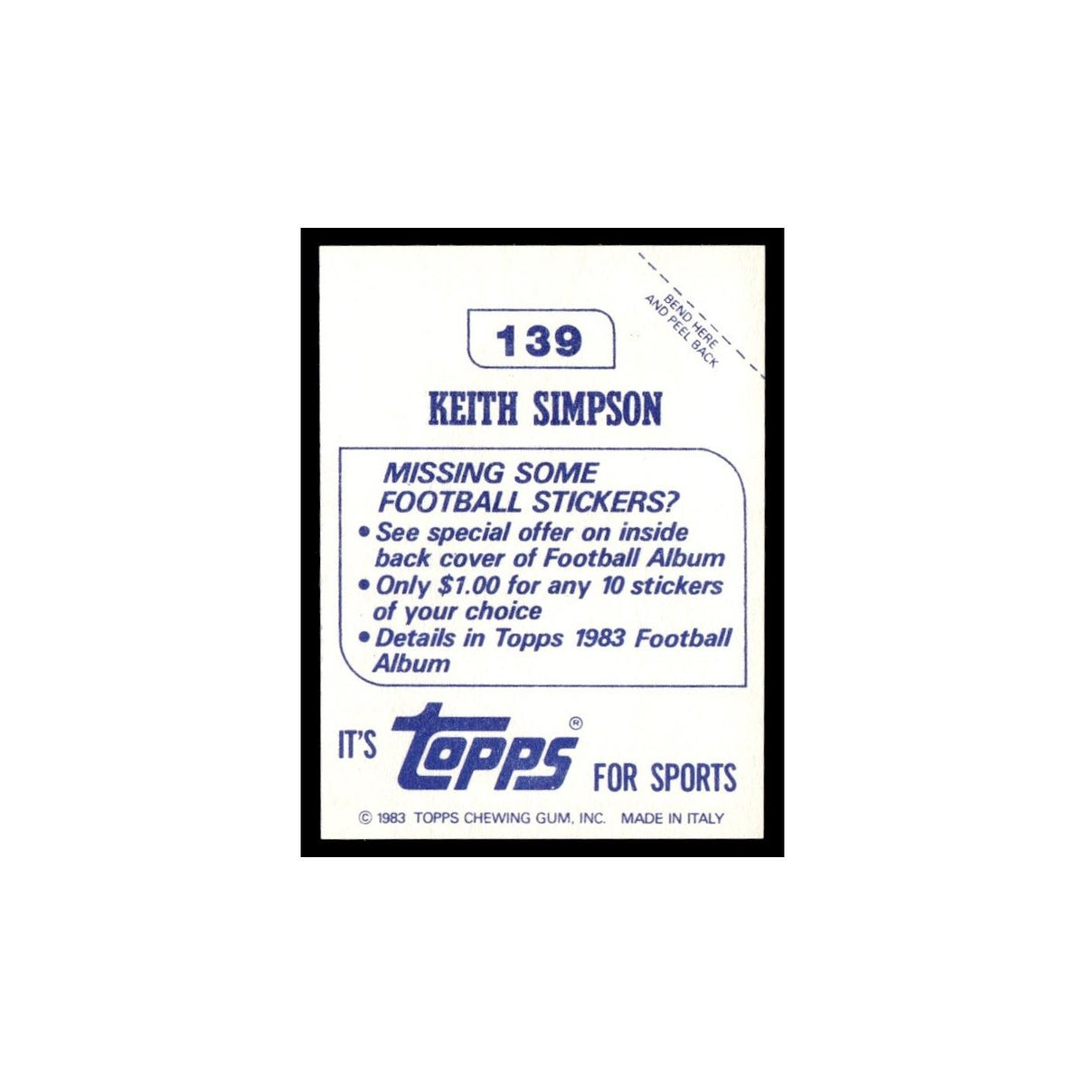 Keith Simpson 1983 Topps Stickers #139 Seattle Seahawks Football Card EX