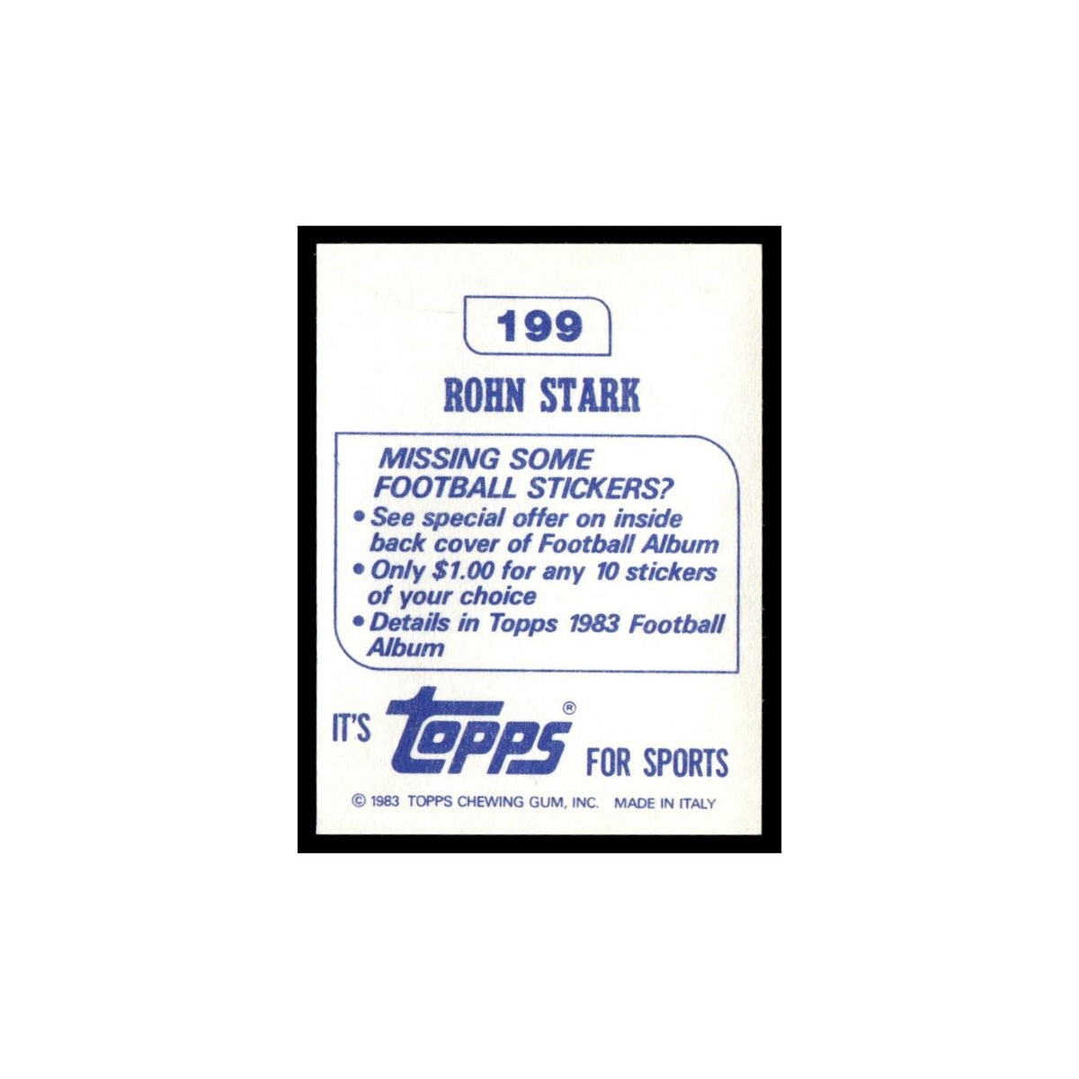 Rohn Stark 1983 Topps Stickers #199 Baltimore Colts Football Card EX