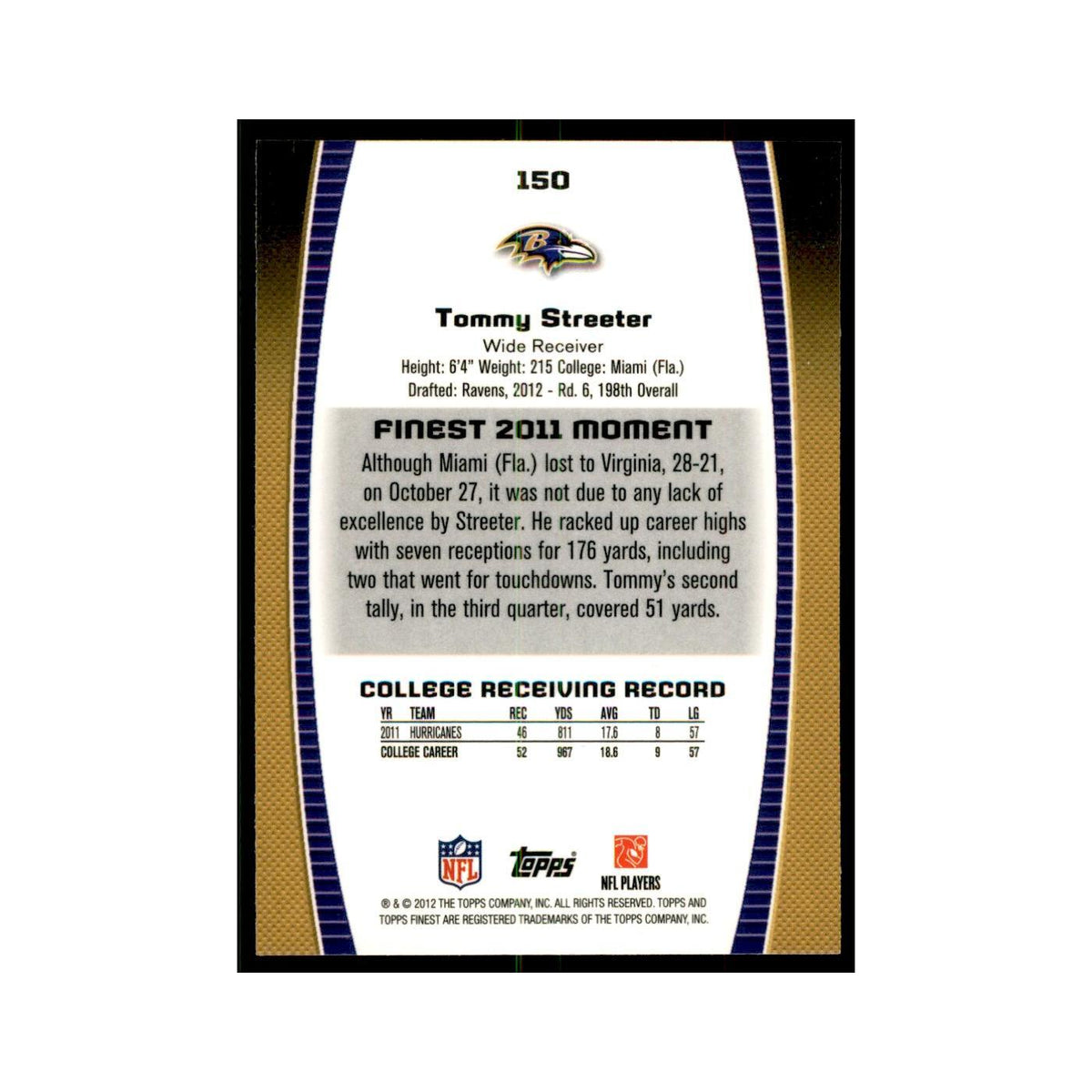 Tommy Streeter Rookie 2012 Topps Finest #150 Baltimore Ravens Football Card NM