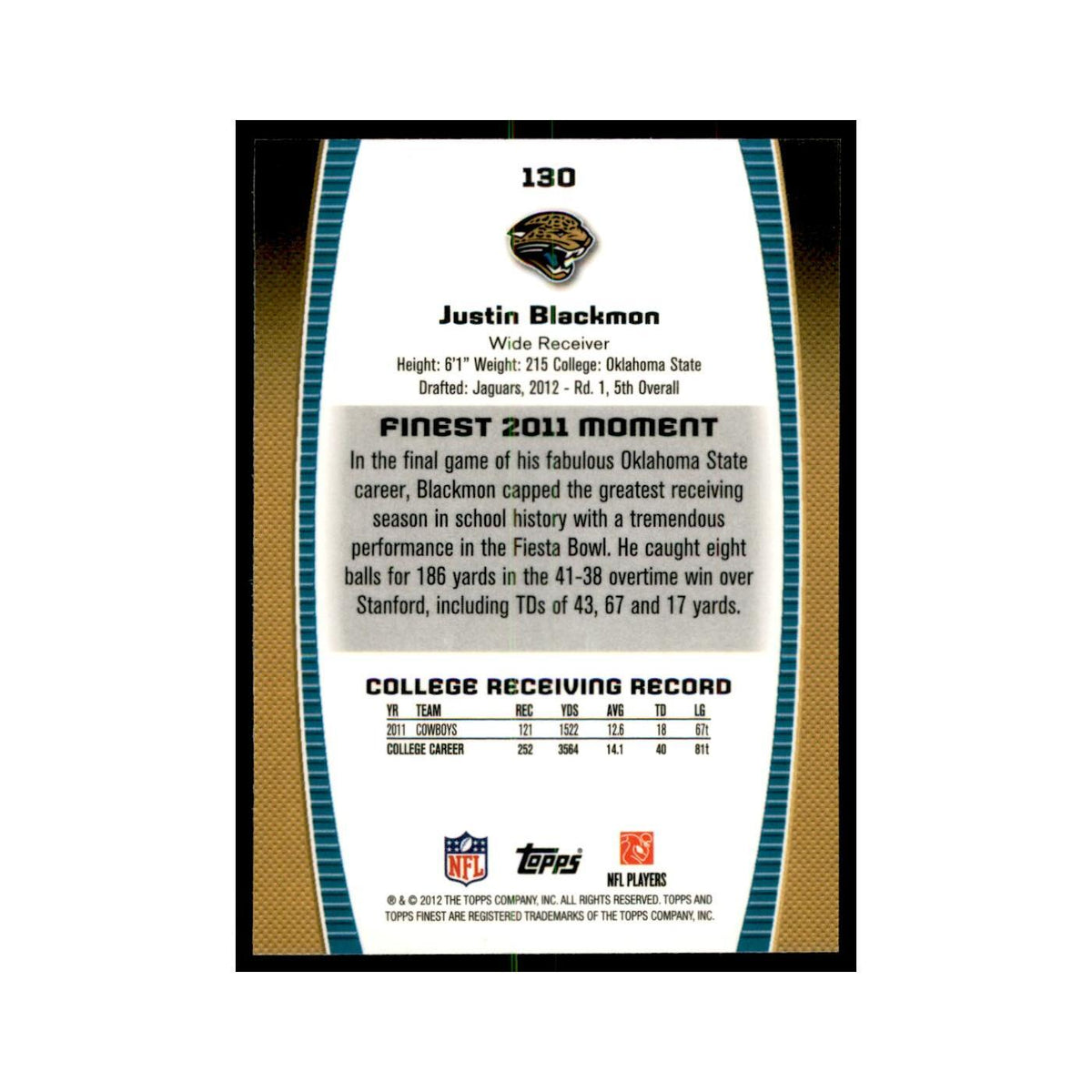 Justin Blackmon Rookie 2012 Topps Finest #130 Jacksonville Jaguars NM