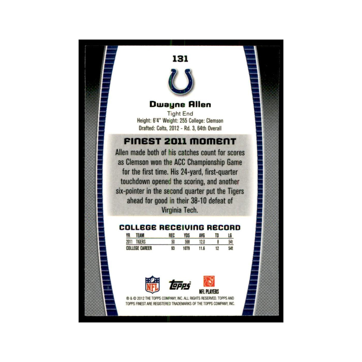 Dwayne Allen Rookie 2012 Topps Finest #131 Indianapolis Colts Football Card NM