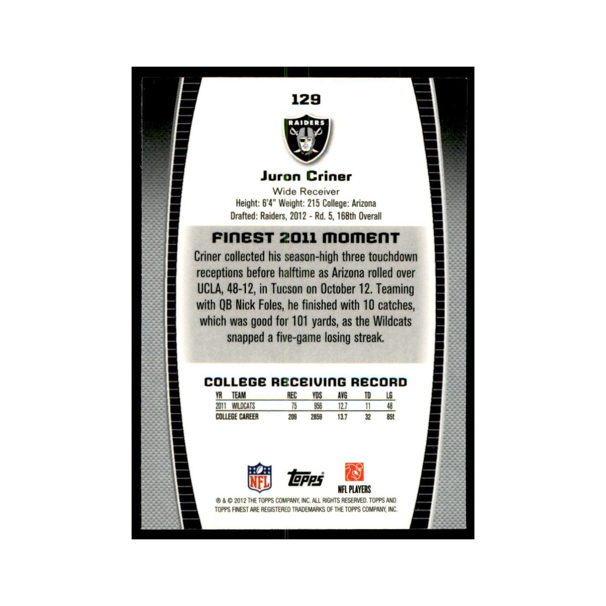 Juron Criner Rookie 2012 Topps Finest #129 Oakland Raiders Football Card NM