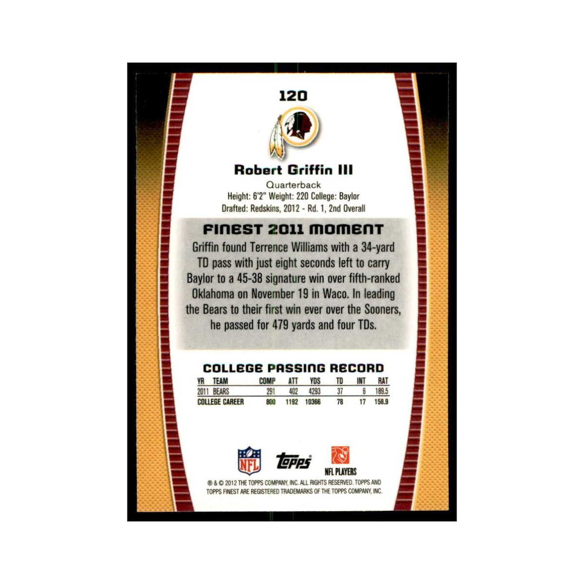 Robert Griffin III Rookie 2012 Topps Finest #120 Washington Redskins NM