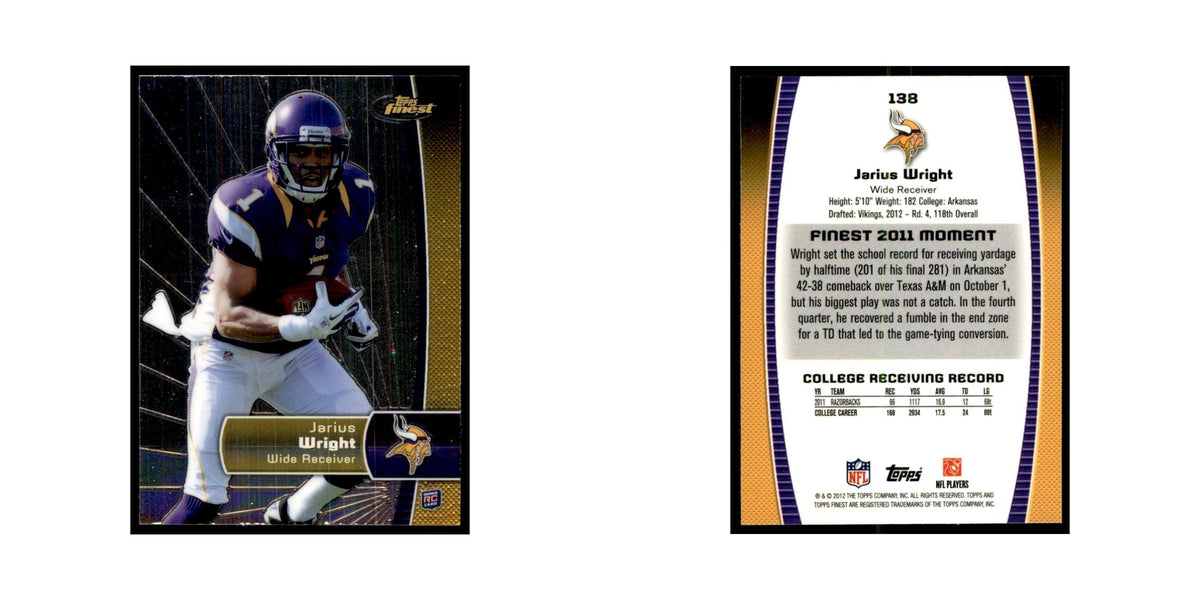 Jarius Wright Rookie 2012 Topps Finest #138 Minnesota Vikings Football Card NM