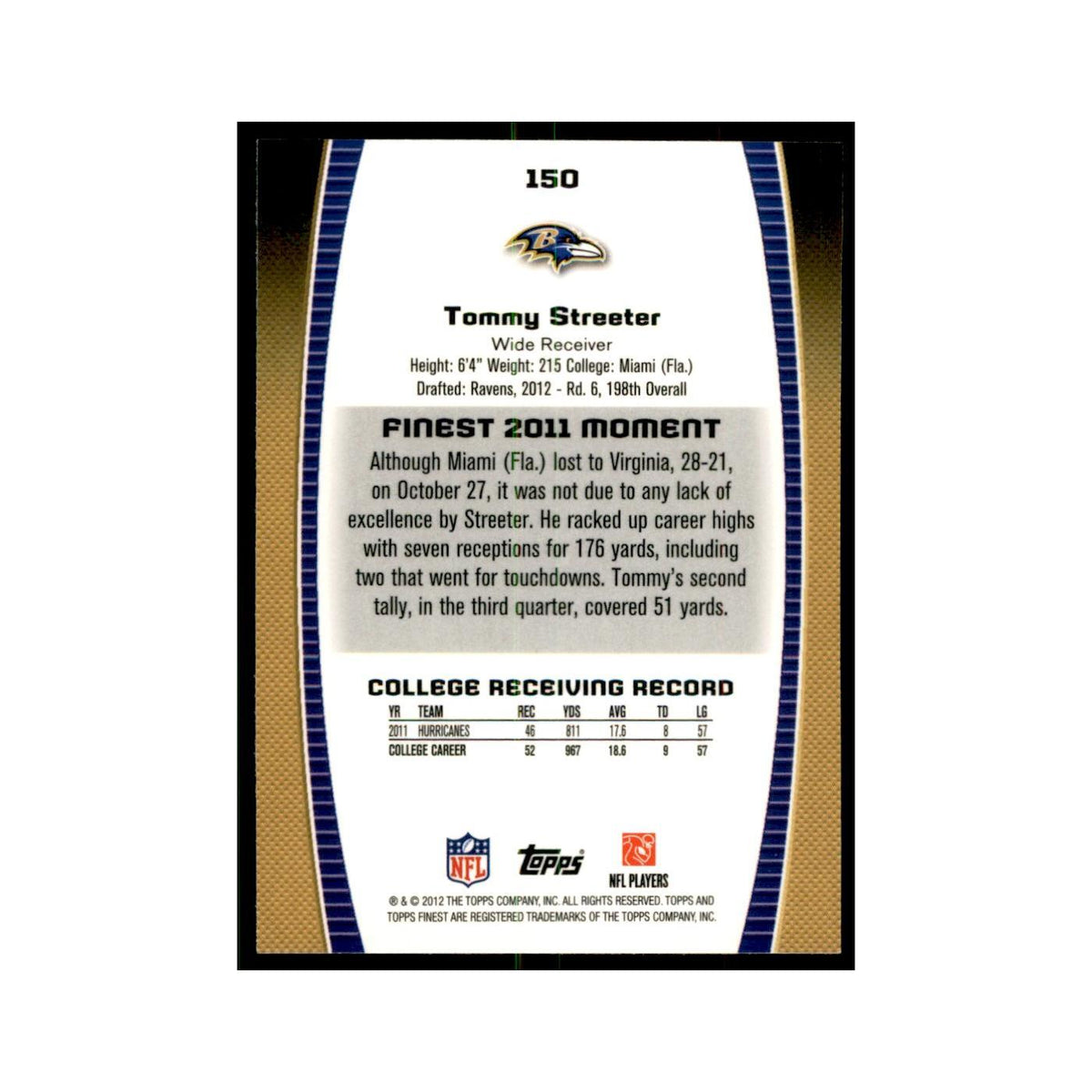 Tommy Streeter Rookie 2012 Topps Finest #150 Baltimore Ravens Football Card NM